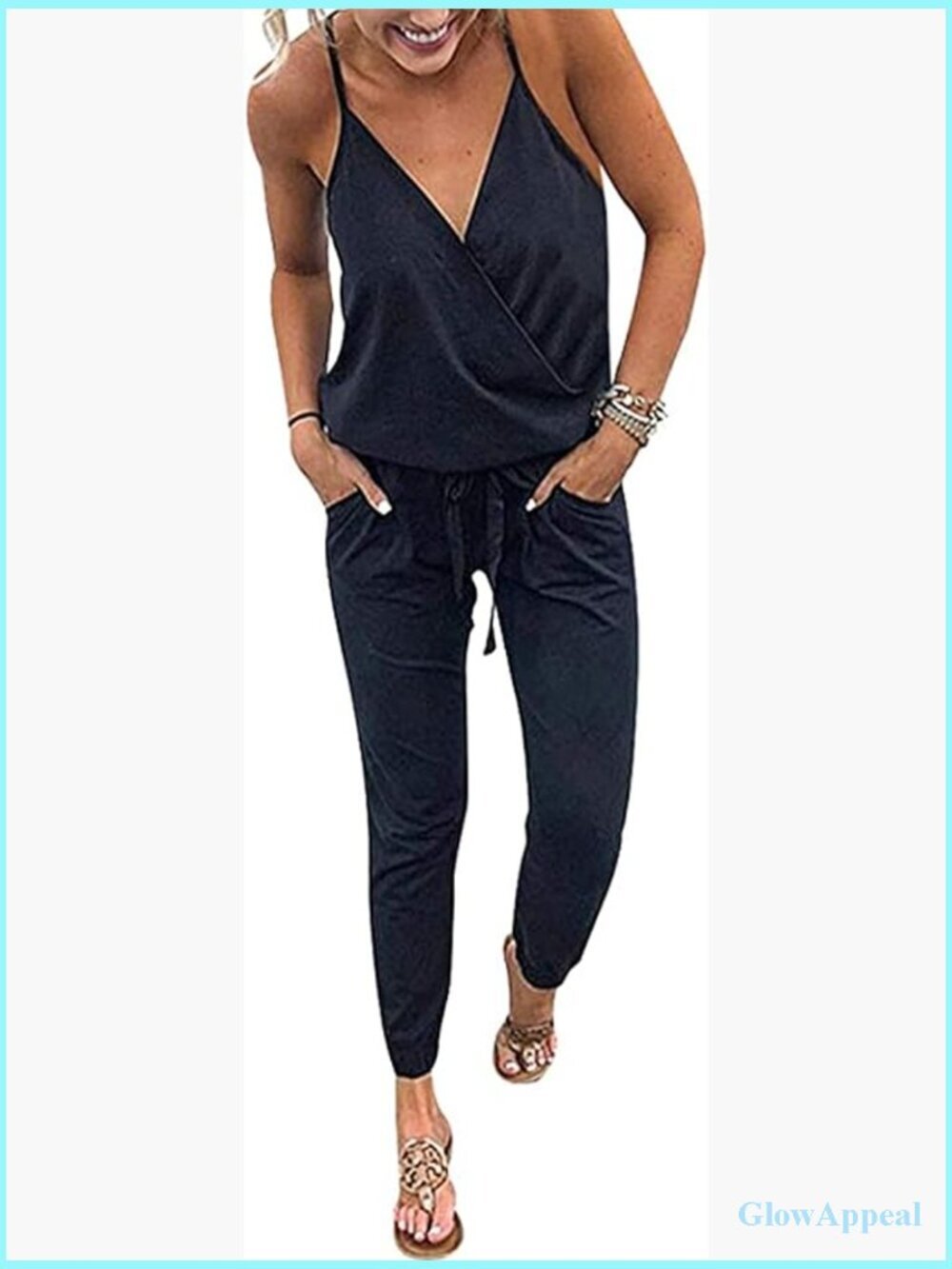 Sleeveless V-Neck Jumpsuit with Pockets Casual Summer Romper
